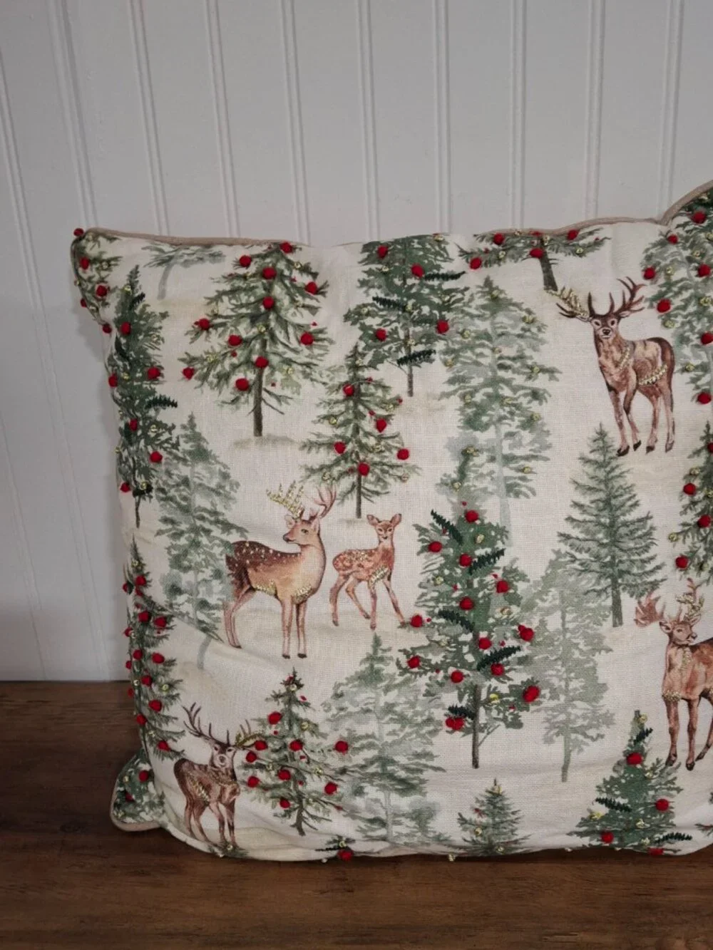 Two Christmas Throw Pillows Winter Snowy Scene Deer 3D Red Green Gold Thread 18